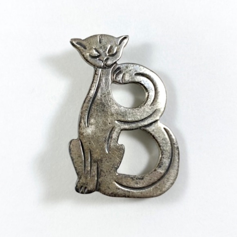 Vintage sterling silver Mexico cat initial brooch